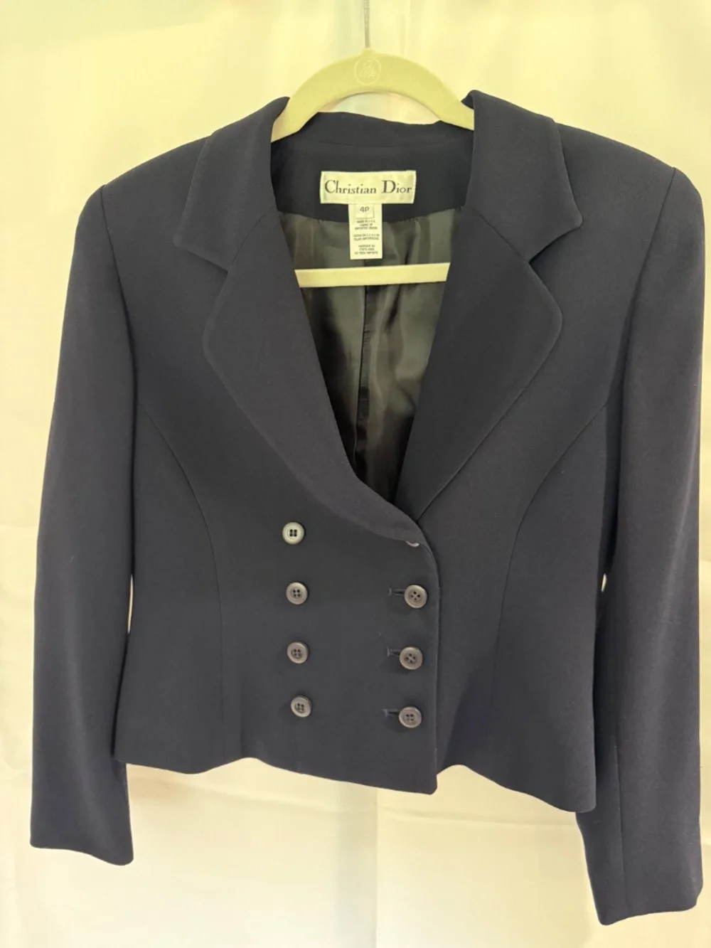 90’s Vintage Christian Dior Navy Double Breasted Cropped Blazer Jacket 4 Petite
